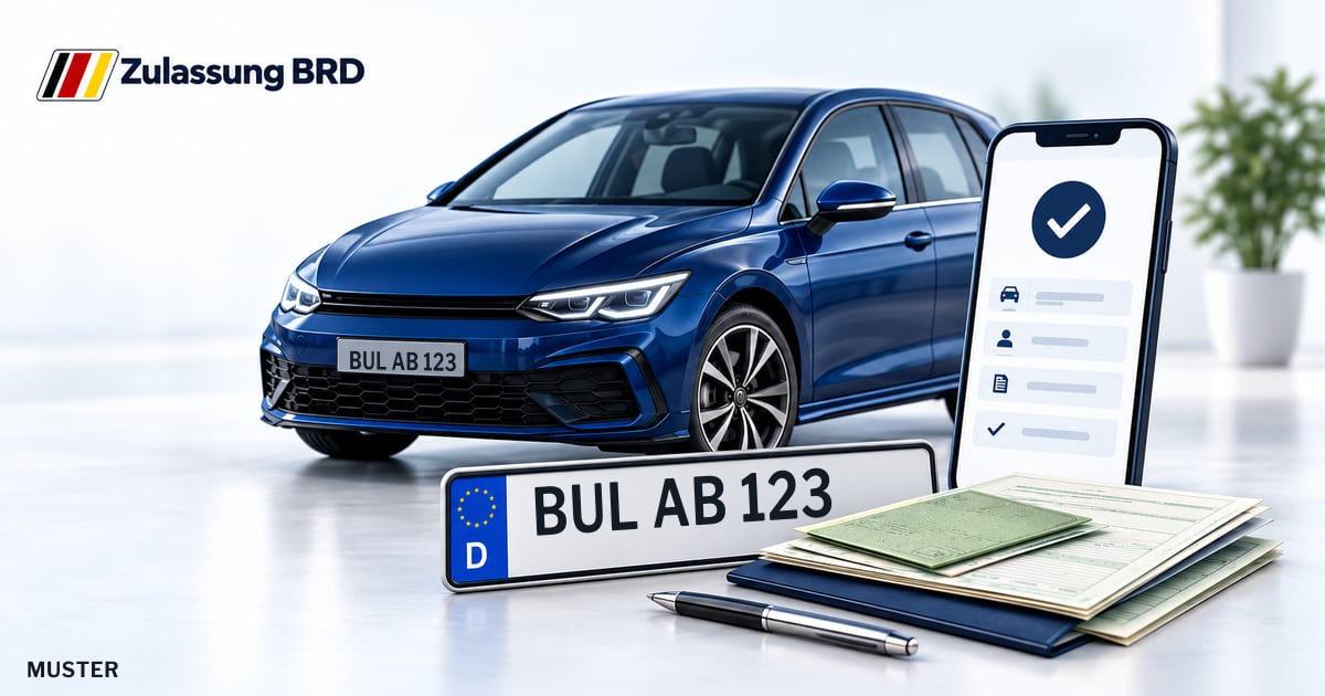 Online Fahrzeugzulassung in Landkreis Schwandorf: Musterkennzeichen BUL AB 123, Auto und Fahrzeugpapiere und Smartphone. Illustration mit Logo von Zulassung BRD.